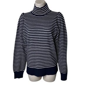 La Vie Rebecca Taylor lambswool blend turtleneck navy stripes puff sleeves sz M